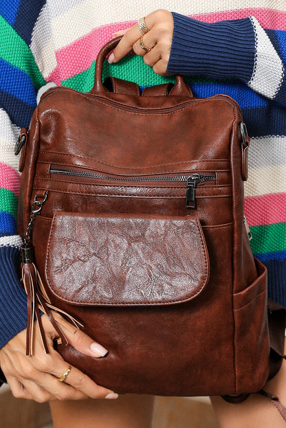 Dark Brown Tassel Retro PU Large Capacity Backpack – Vintage Chic - Shello's Creative Boutique
