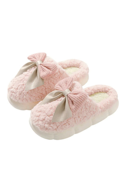 White Contrast Bowknot Applique Plush Winter Slippers - Shello's Creative Boutique