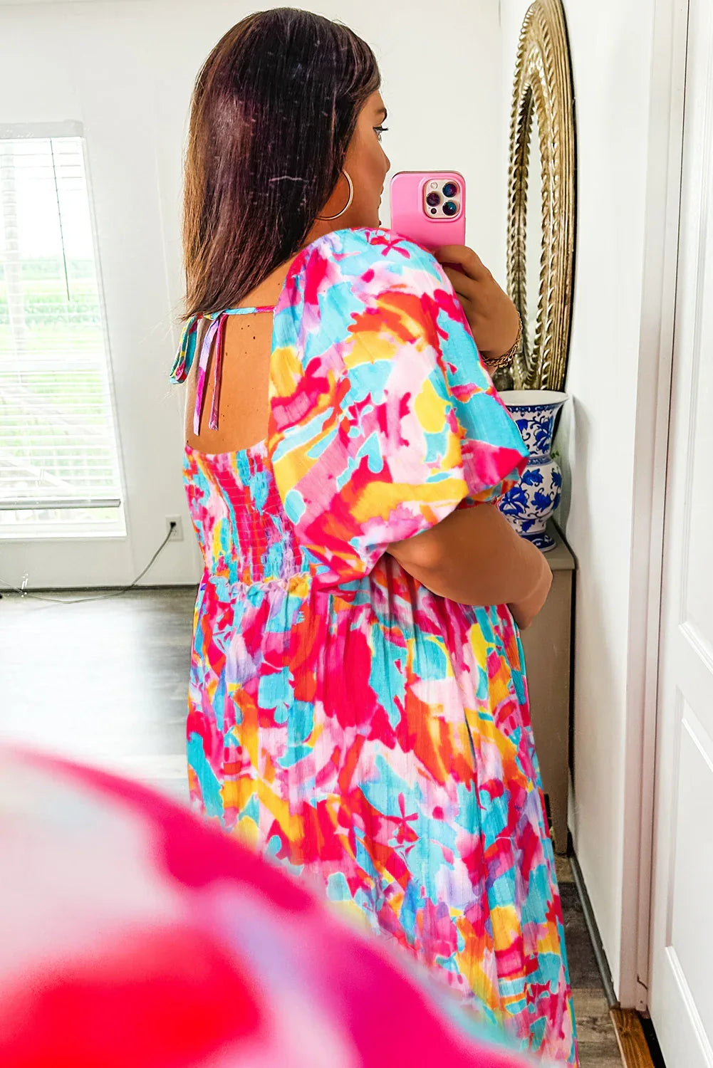 Rose Abstract Print Puff Sleeve Backless Smocked Plus Size Dress - Shello's Creative Boutique