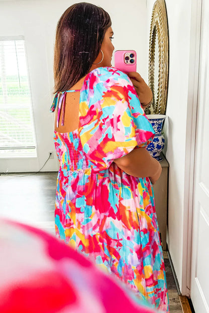 Rose Abstract Print Puff Sleeve Backless Smocked Plus Size Dress - Shello's Creative Boutique