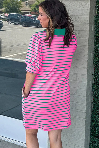 Rose Stripe Collared Puff Sleeve Dress - Playful, Chic, and Perfect for Any Occasion! - Shello's Creative Boutique