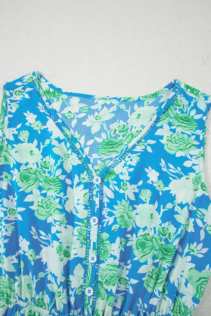 Sky Blue Floral Print Trimmed V Neck Sleeveless Vacation Dress - Shello's Creative Boutique