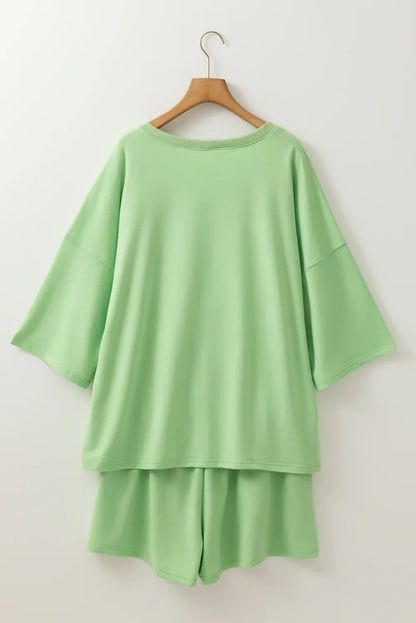 Meadow Mist Green Plus Size Drop Shoulder Tee Loose Shorts Set - Relaxed Comfort Meets Effortless Style! - Shello's Creative Boutique