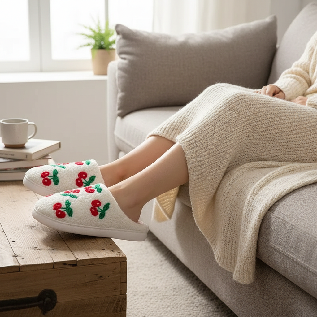 Cherry Cotton Slippers – worn lifestyle