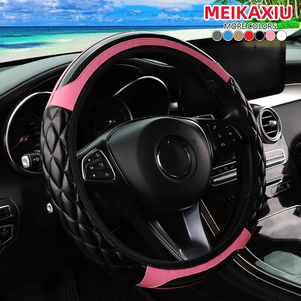 Crystal Carbon Fiber Steering Wheel Cover - Embroidered Leather (14.5 - 15 inch) - Shello's Creative Boutique