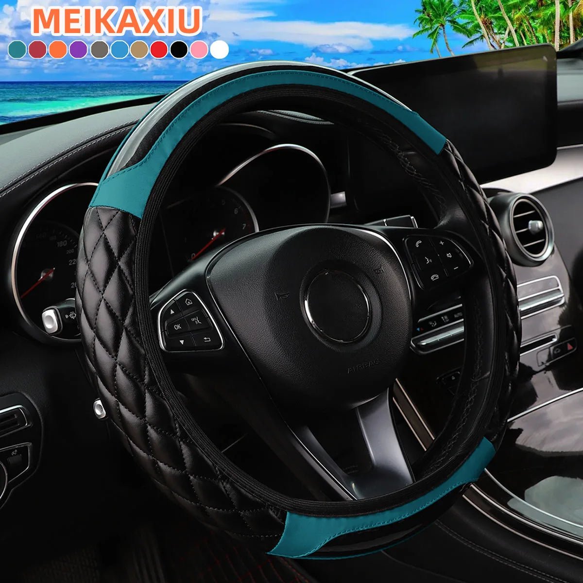 Crystal Carbon Fiber Steering Wheel Cover - Embroidered Leather (14.5 - 15 inch) - Shello's Creative Boutique