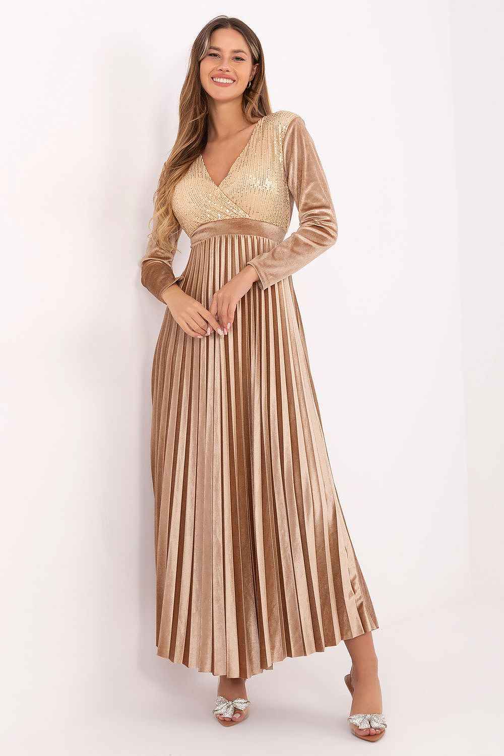 Elegant Beige Sequin Maxi Dress - Long Sleeve Evening Gown | Italy Moda