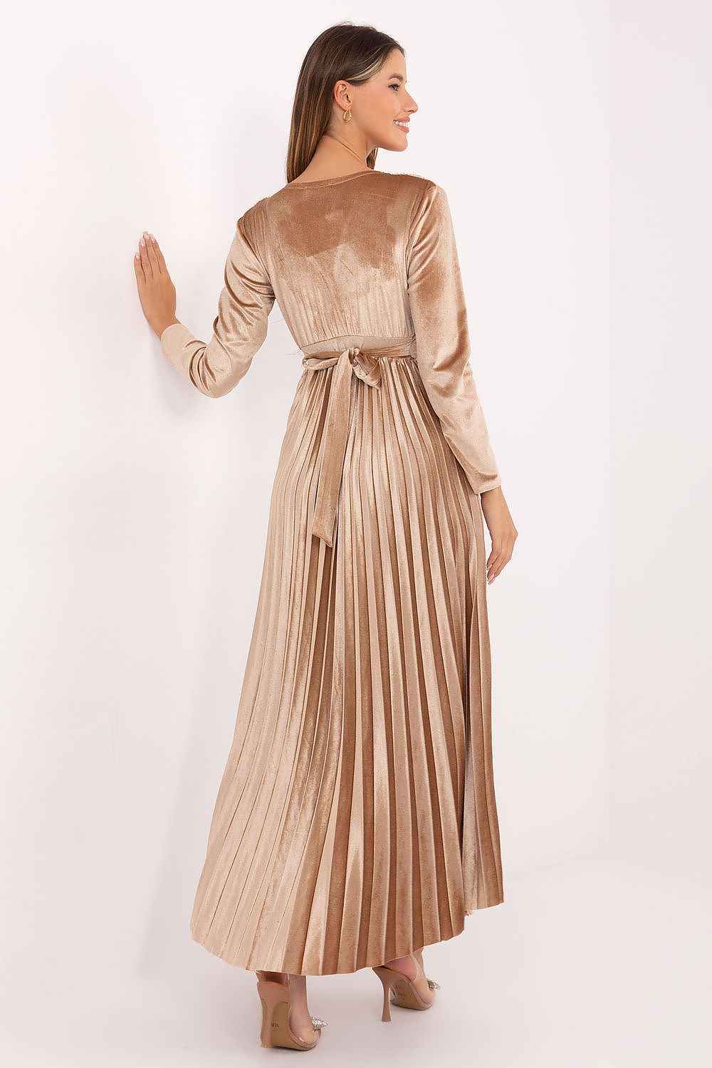 Elegant Beige Sequin Maxi Dress - Long Sleeve Evening Gown | Italy Moda