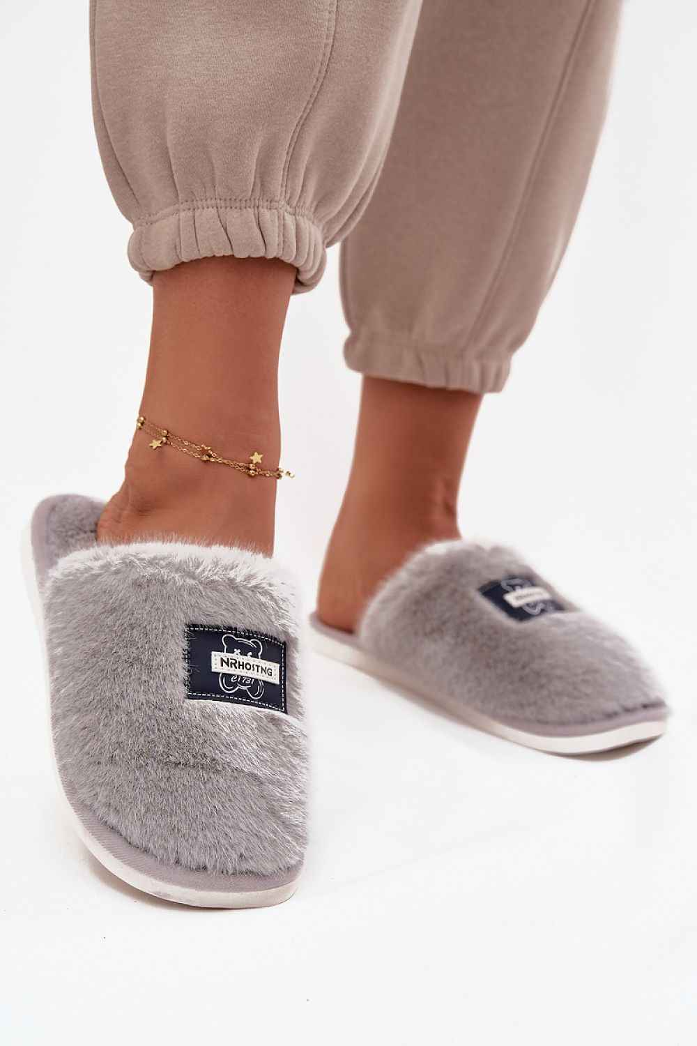 Cozy Grey Fur Slippers with Teddy Bear Motif - Warm Winter House Slippers | Inblu