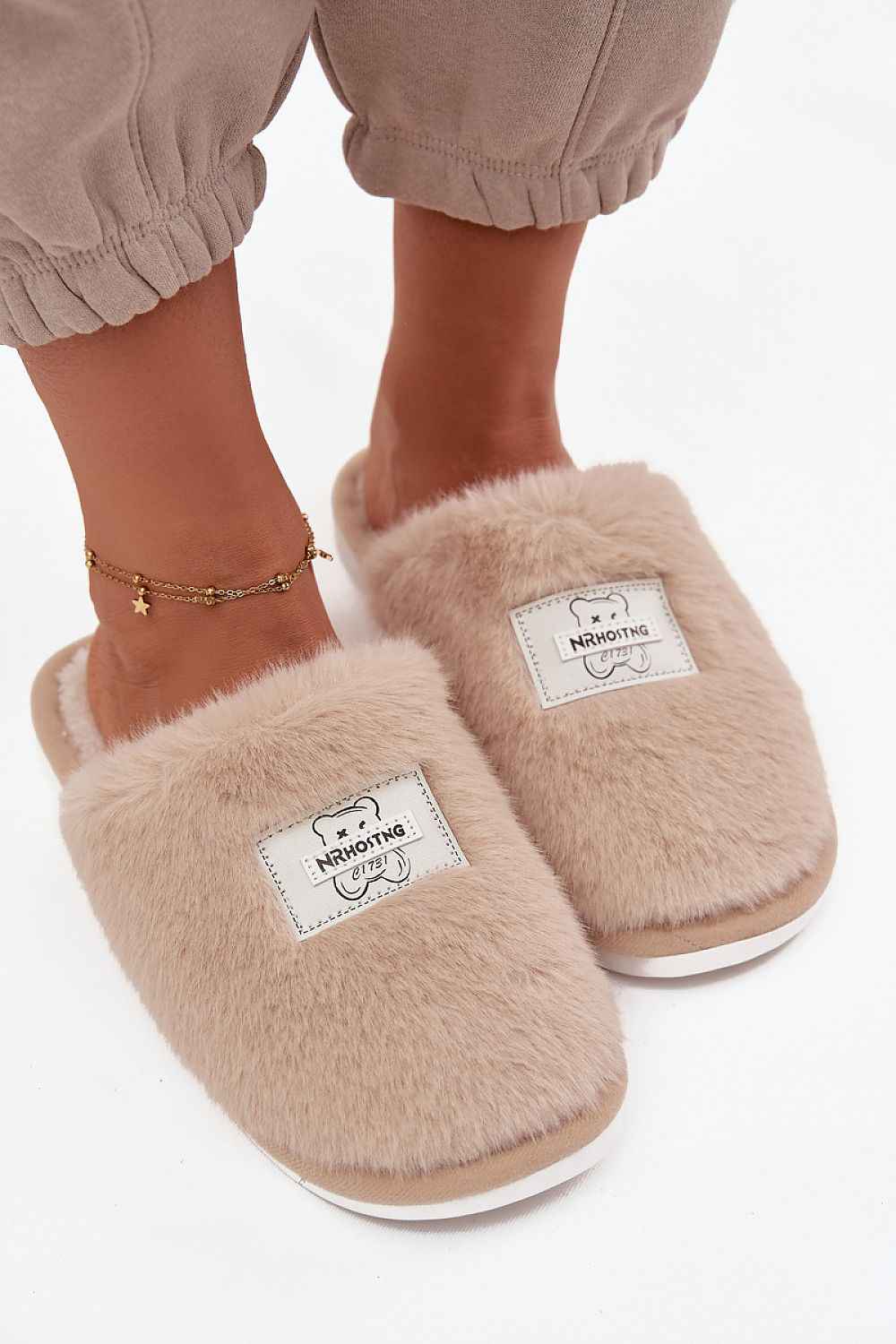 Cozy Beige Fur Slippers with Bear Motif - Warm Winter House Slippers | Inblu