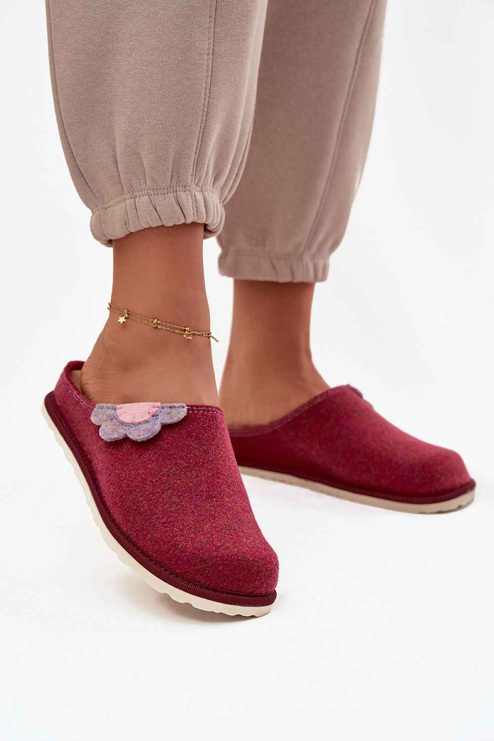 Pretty Pink Felt Slippers with Flower Detail - Leather Insole House Slippers | Inblu