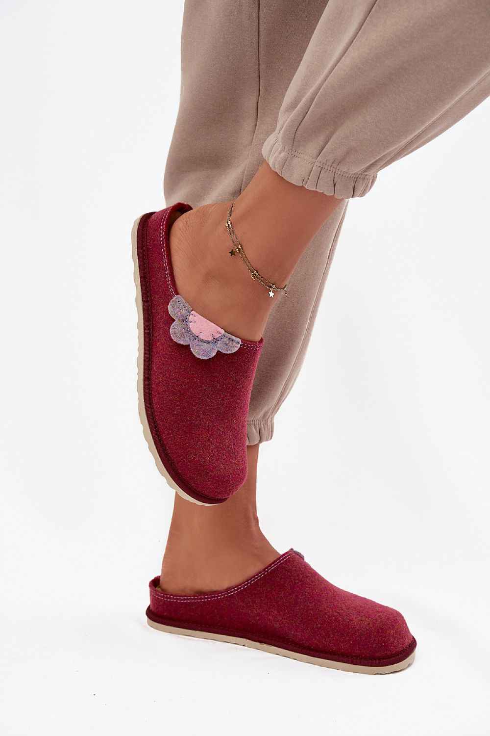 Pretty Pink Felt Slippers with Flower Detail - Leather Insole House Slippers | Inblu