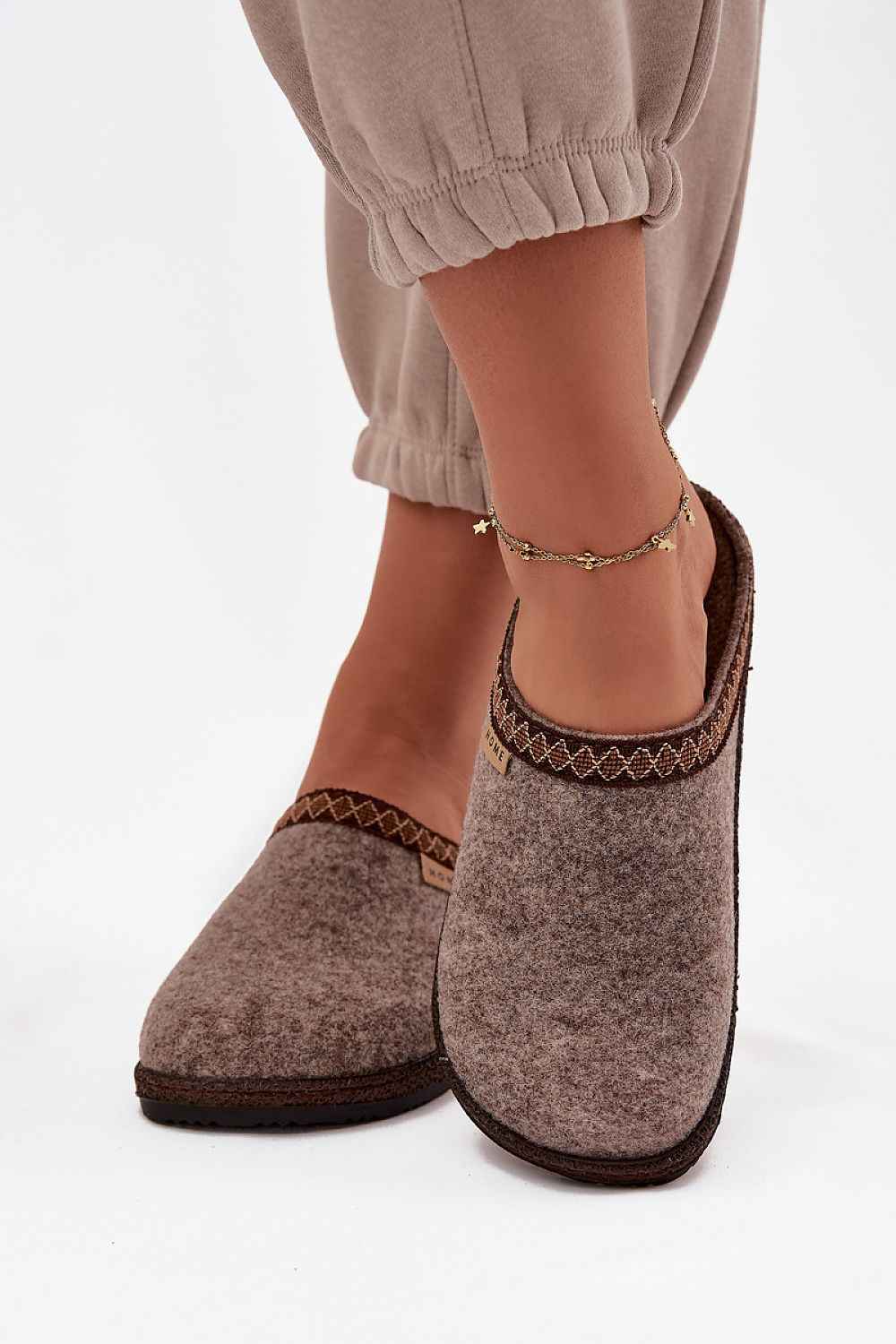 Elegant Beige Felt Slippers with Embroidery - Removable Insole House Slippers | Inblu