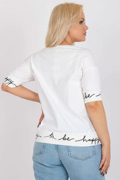Plus Size Cotton Blouse with Decorative Inscriptions - Short Sleeve Top - Shello's Creative Boutique