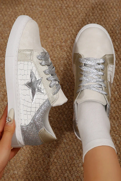 Silver Glitter Star Sneakers - PU Leather Patchwork Trainers - Shello's Creative Boutique