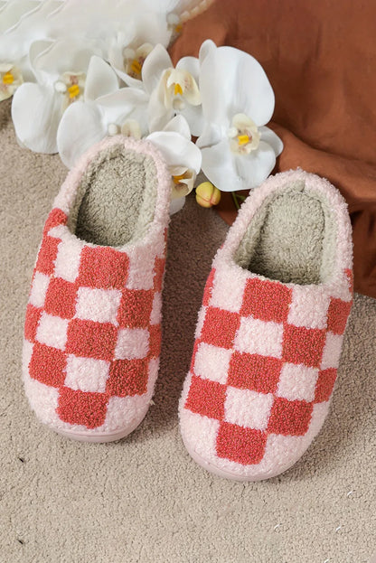 Fiery Red Checkered Print Fuzzy Slip-On Winter Slippers – Bold Warmth Meets Everyday Comfort - Shello's Creative Boutique
