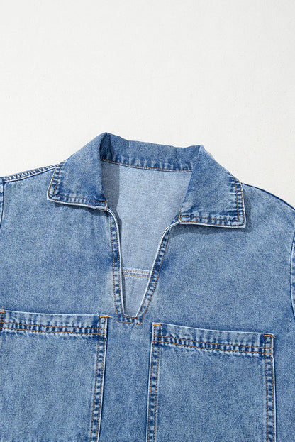 Denim Mini Dress - Women's Short Sleeve Collared Shirt Dress - Shello's Creative Boutique