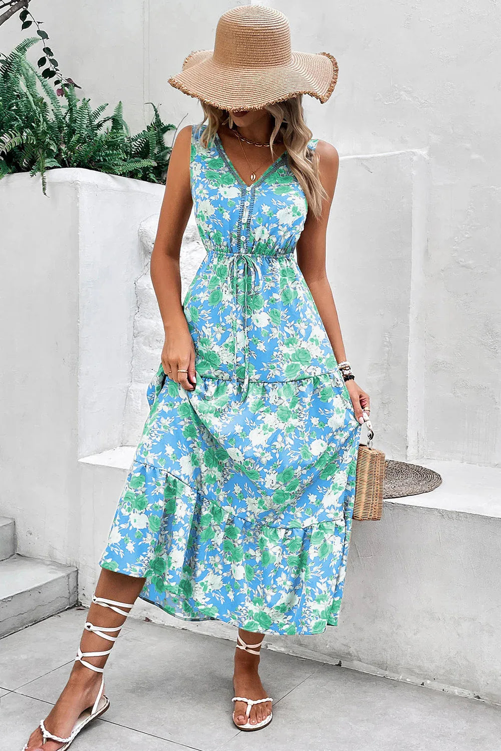 Sky Blue Floral Print Trimmed V Neck Sleeveless Vacation Dress - Shello's Creative Boutique