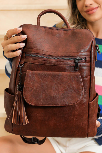 Dark Brown Tassel Retro PU Large Capacity Backpack – Vintage Chic - Shello's Creative Boutique