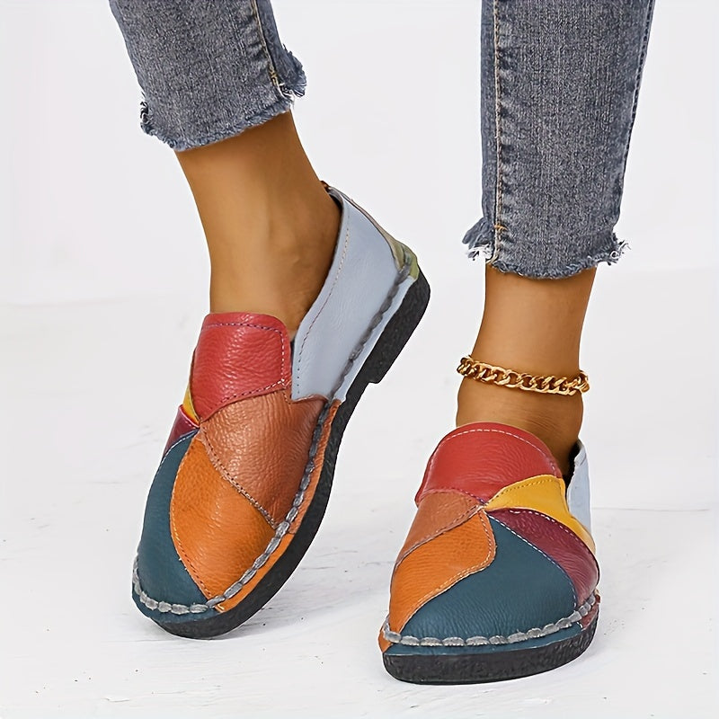 Women's Colorblock Flat Loafers, Fashion Round Toe Soft Sole Slip On Faux Leather Shoes, Casual Walking Anti-skid Shoes Shello's Creative Boutique