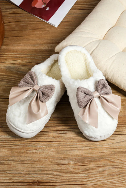 White Contrast Bowknot Applique Plush Winter Slippers - Shello's Creative Boutique