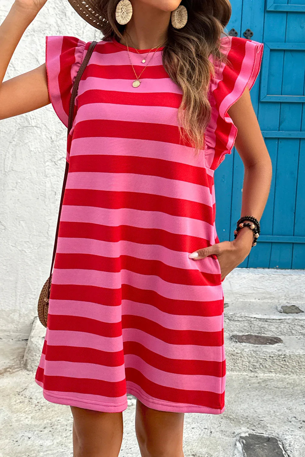 Green Stripe Flutter Sleeve Round Neck Shift Mini Dress - Shello's Creative Boutique