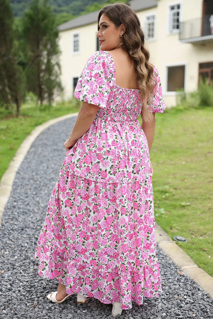 Plus Size Pink Floral Maxi Dress - Flattering Smocked Waist & Puff Sleeves - Shello's Creative Boutique