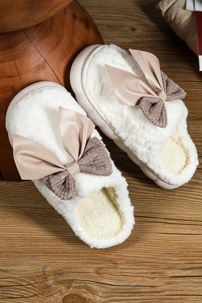 White Contrast Bowknot Applique Plush Winter Slippers - Shello's Creative Boutique