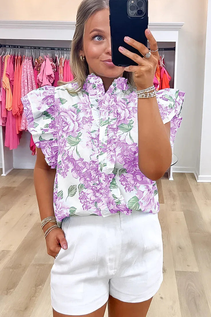Green Floral Print Ruffle Sleeve Frill Shirt - Shello's Creative Boutique