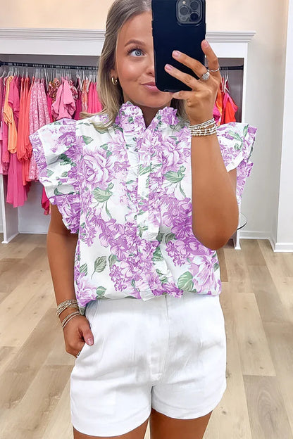 Green Floral Print Ruffle Sleeve Frill Shirt - Shello's Creative Boutique