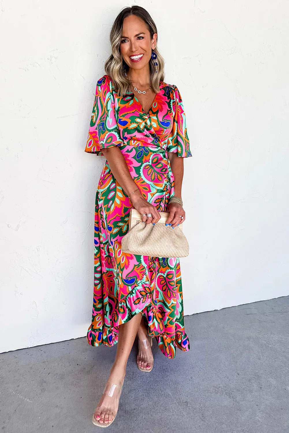 Rose Tropical Plant Print Surplice V Neck Ruffle Hem Maxi Dress - Shello's Creative Boutique