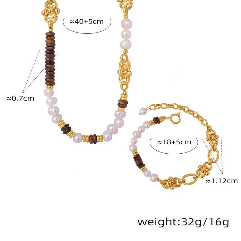 18k gold light luxury retro tiger eye stone with pearl beading design palace style necklace and bracelet set - Shello's Creative Boutique