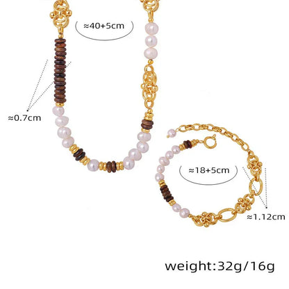 18k gold light luxury retro tiger eye stone with pearl beading design palace style necklace and bracelet set - Shello's Creative Boutique