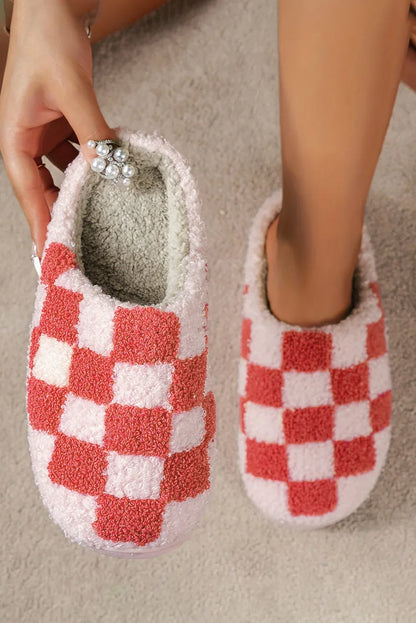 Fiery Red Checkered Print Fuzzy Slip-On Winter Slippers – Bold Warmth Meets Everyday Comfort - Shello's Creative Boutique