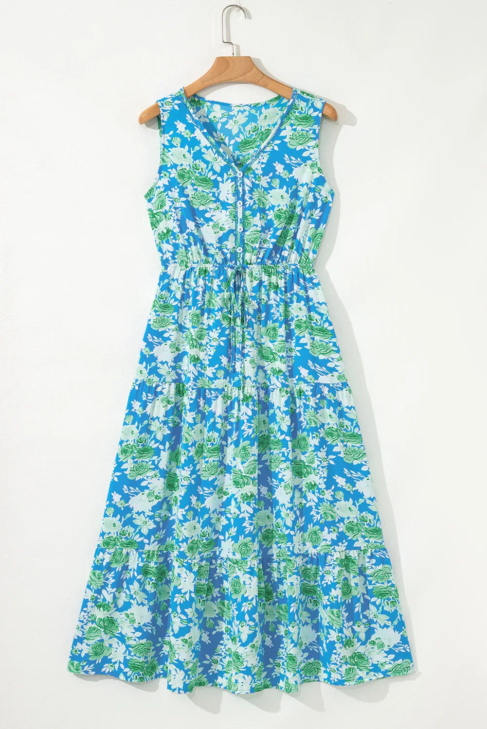 Sky Blue Floral Print Trimmed V Neck Sleeveless Vacation Dress - Shello's Creative Boutique