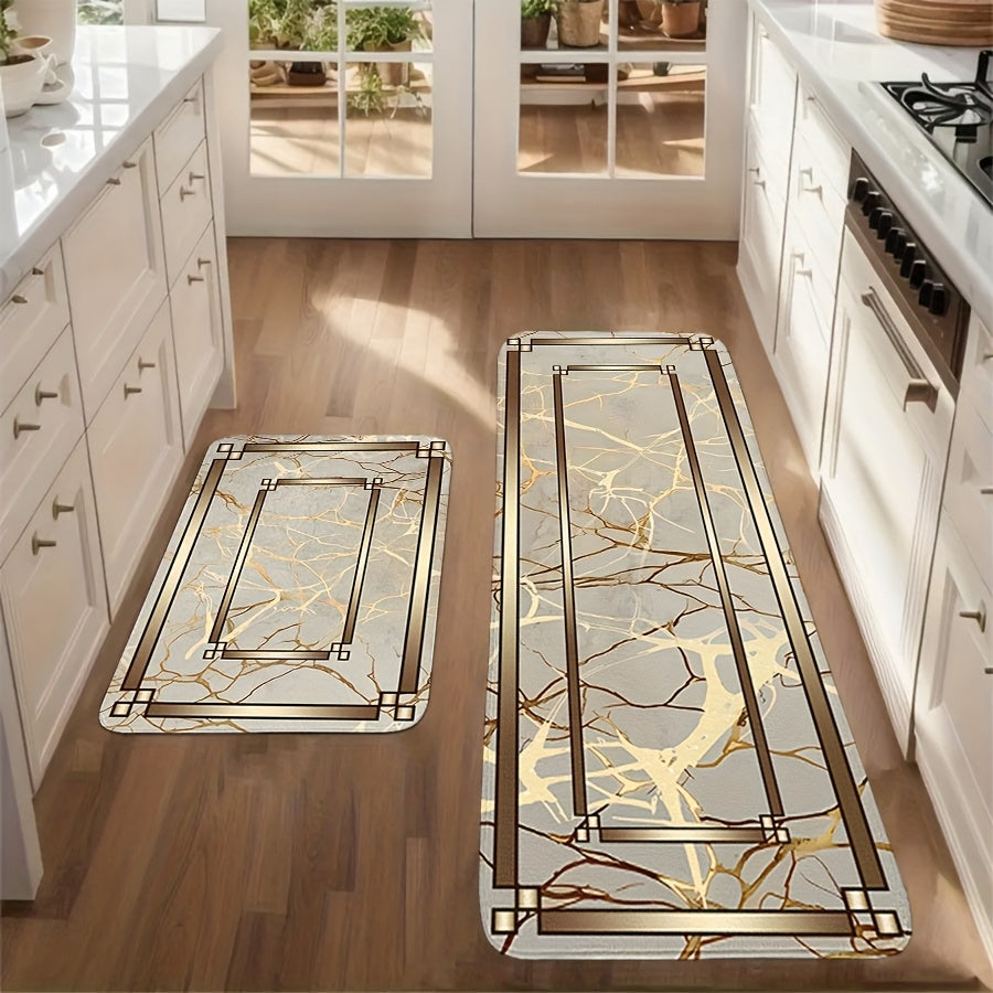 2/3 Piece Spring Summer Kitchen Mat Set - Marble Gold Plated Design Absorbent Washable Floor Mats