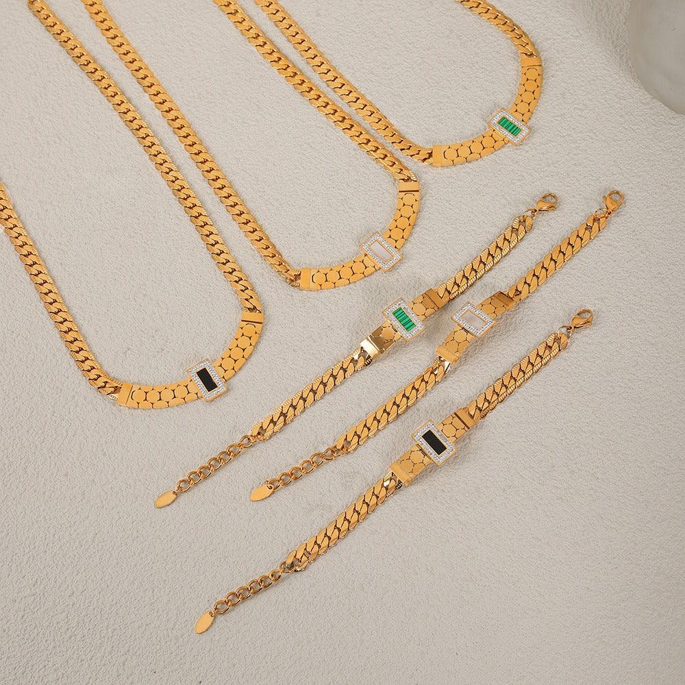 18K gold exquisite light luxury geometric inlaid zircon and gemstone design versatile bracelet necklace set - Shello's Creative Boutique