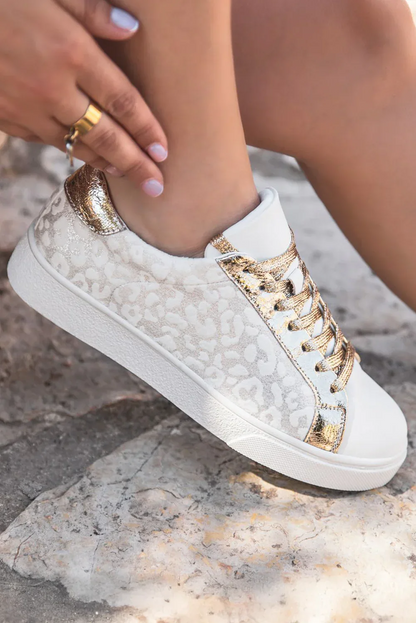 White Leopard Print Sneakers - Lace-Up Animal Print Trainers - Shello's Creative Boutique