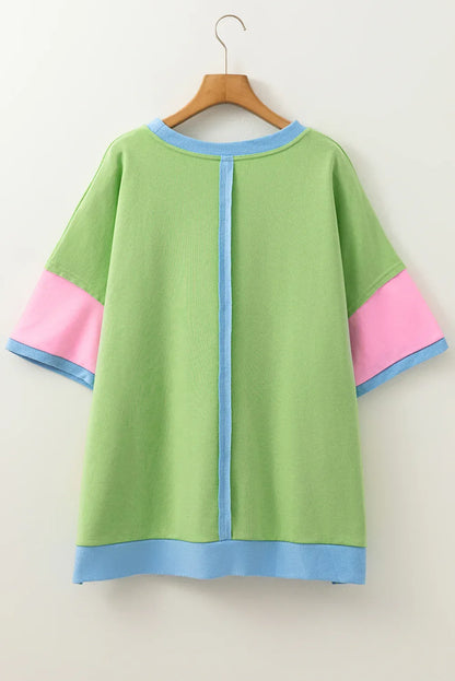 Light Blue Color Block Side Slit Plus Size T Shirt - Effortless Style Meets Everyday Comfort! - Shello's Creative Boutique
