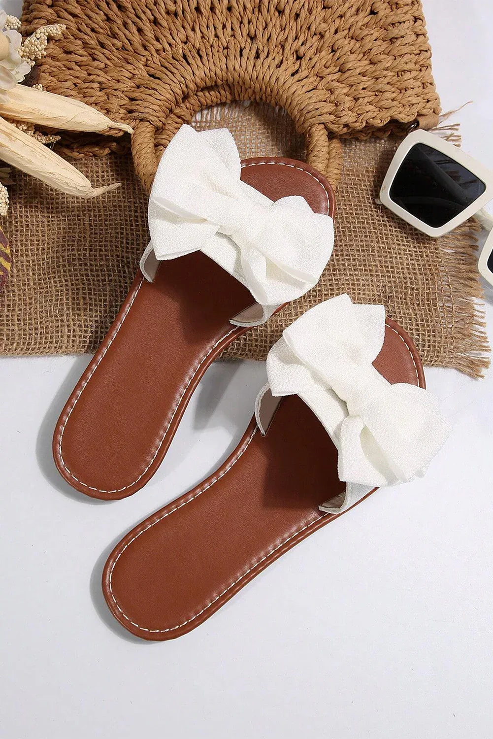 White Bow Decor Flat Slippers - Shello's Creative Boutique