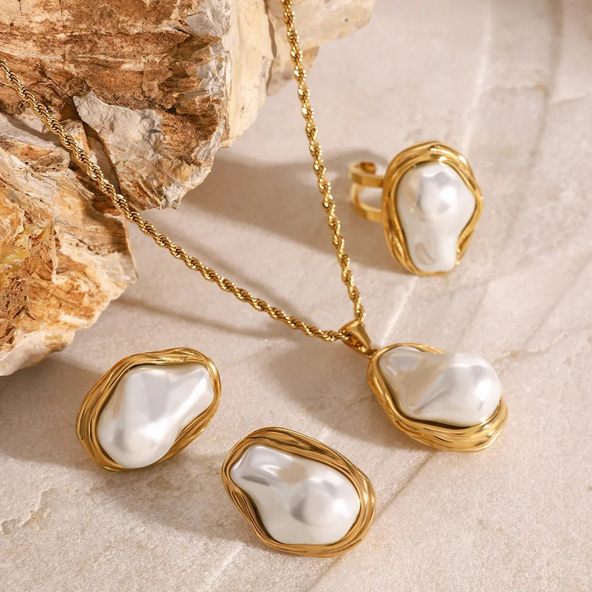 18K gold geometric inlaid irregular pearl design high-end earrings necklace ring set - Shello's Creative Boutique