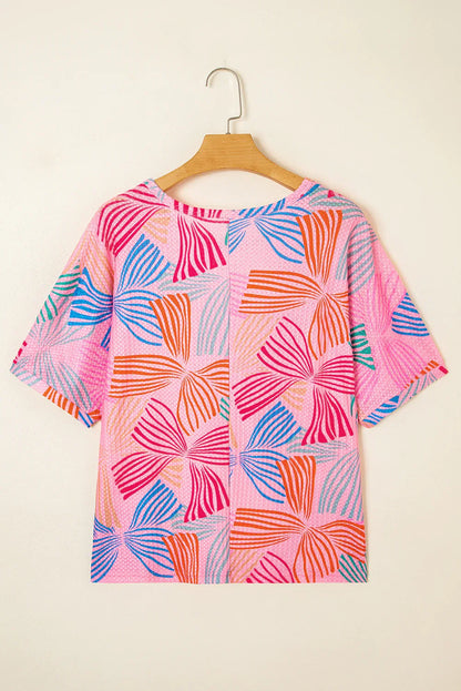 Pink Bowknot Print Waffle Loose Tee - Shello's Creative Boutique