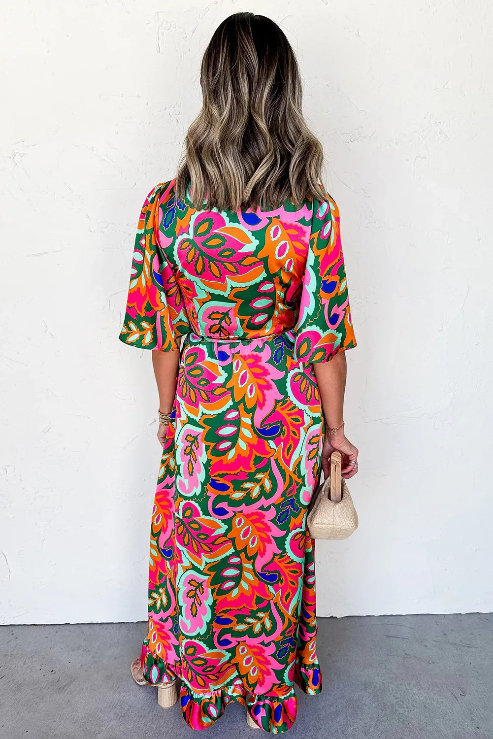 Rose Tropical Plant Print Surplice V Neck Ruffle Hem Maxi Dress - Shello's Creative Boutique