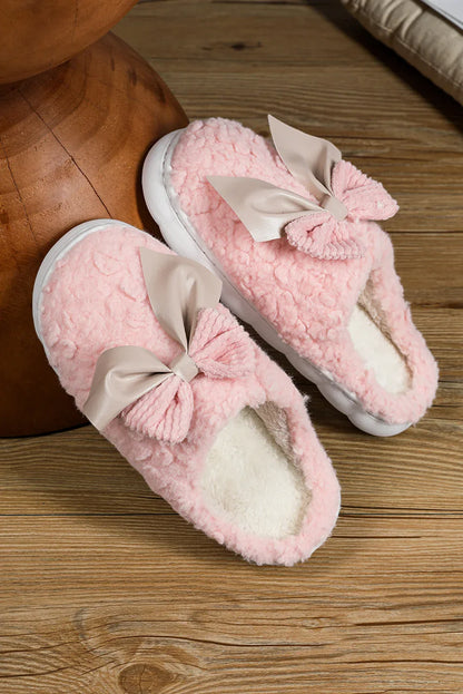 White Contrast Bowknot Applique Plush Winter Slippers - Shello's Creative Boutique