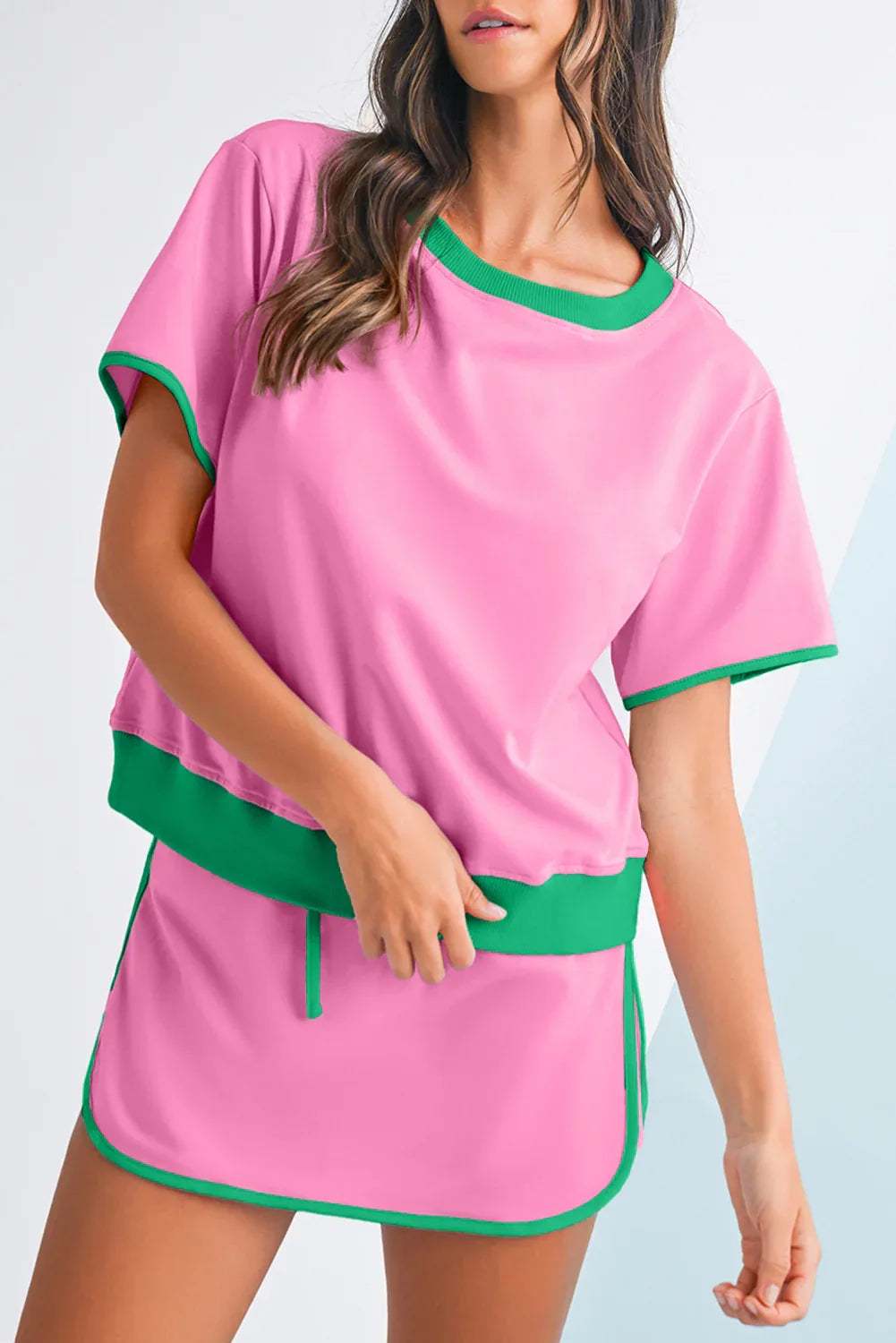 Rose Red Edge Drop Shoulder T-Shirt and Skirt Set - Sporty-Chic Style with a Modern Edge! - Shello's Creative Boutique