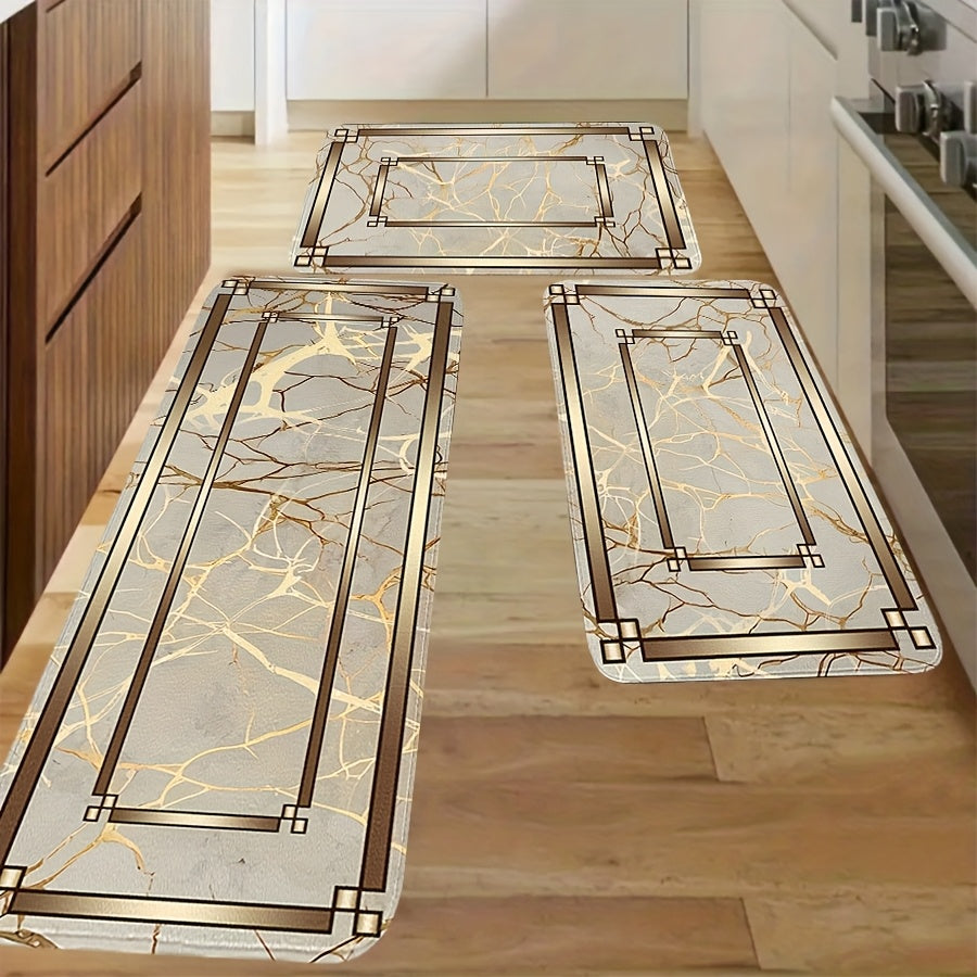 2/3 Piece Spring Summer Kitchen Mat Set - Marble Gold Plated Design Absorbent Washable Floor Mats