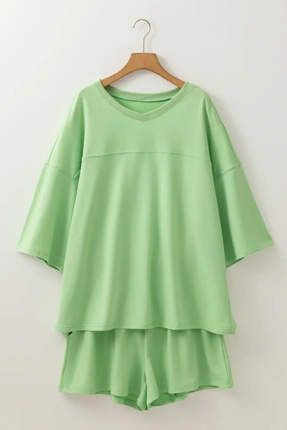 Meadow Mist Green Plus Size Drop Shoulder Tee Loose Shorts Set - Relaxed Comfort Meets Effortless Style! - Shello's Creative Boutique