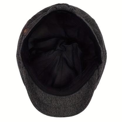 Men&Apos;S Retro Herringbone Flat Cap - Black Casual Beret with Vintage Style, Knitted Polyester, Perfect for Valentine&Apos;S Day, Everyday Headwear | Vintage Flat Cap | Knitted Texture Shello's Creative Boutique
