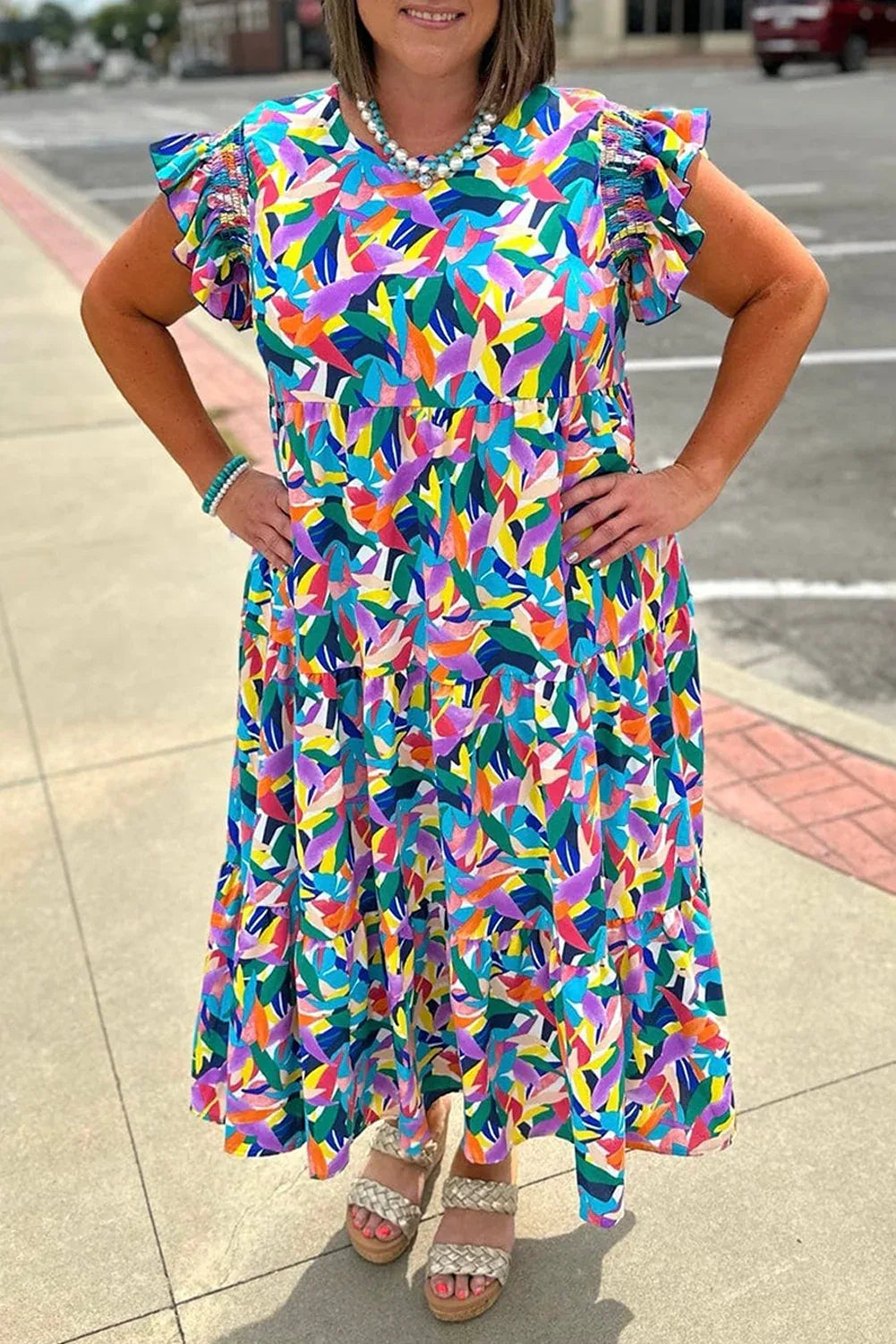 Blue Abstract Print Ruffle Sleeve Plus Size Tiered Maxi Dress - Shello's Creative Boutique