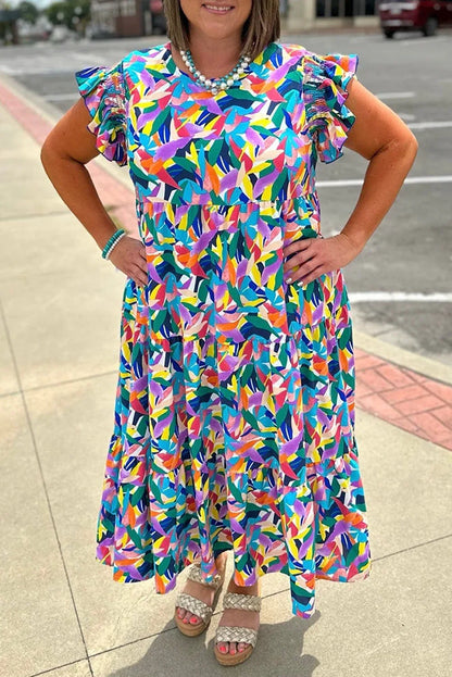 Blue Abstract Print Ruffle Sleeve Plus Size Tiered Maxi Dress - Shello's Creative Boutique